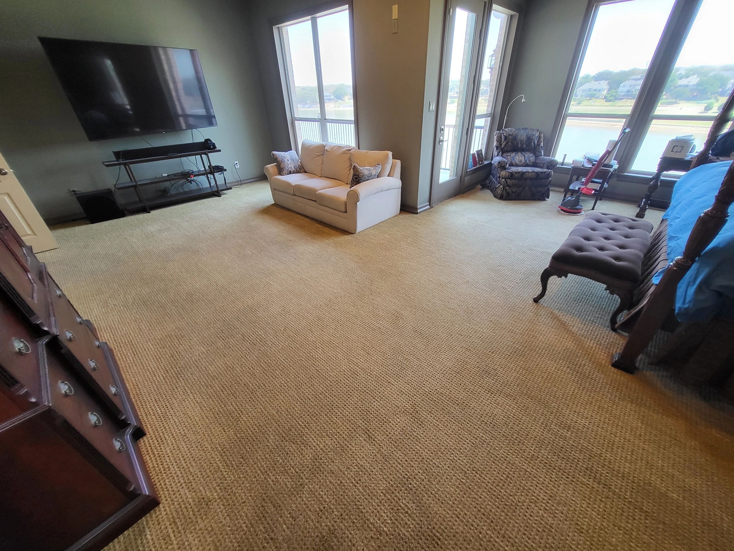 Spacious living room with clean carpet